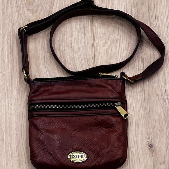 Fossil Handbags - Fossil Authentic Dark Brown Leather Mini Crossbody Double Zip w/ Brass Hardware